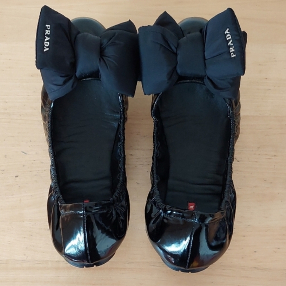 Prada Nylon Bow Black Patent Leather Ballet Flats